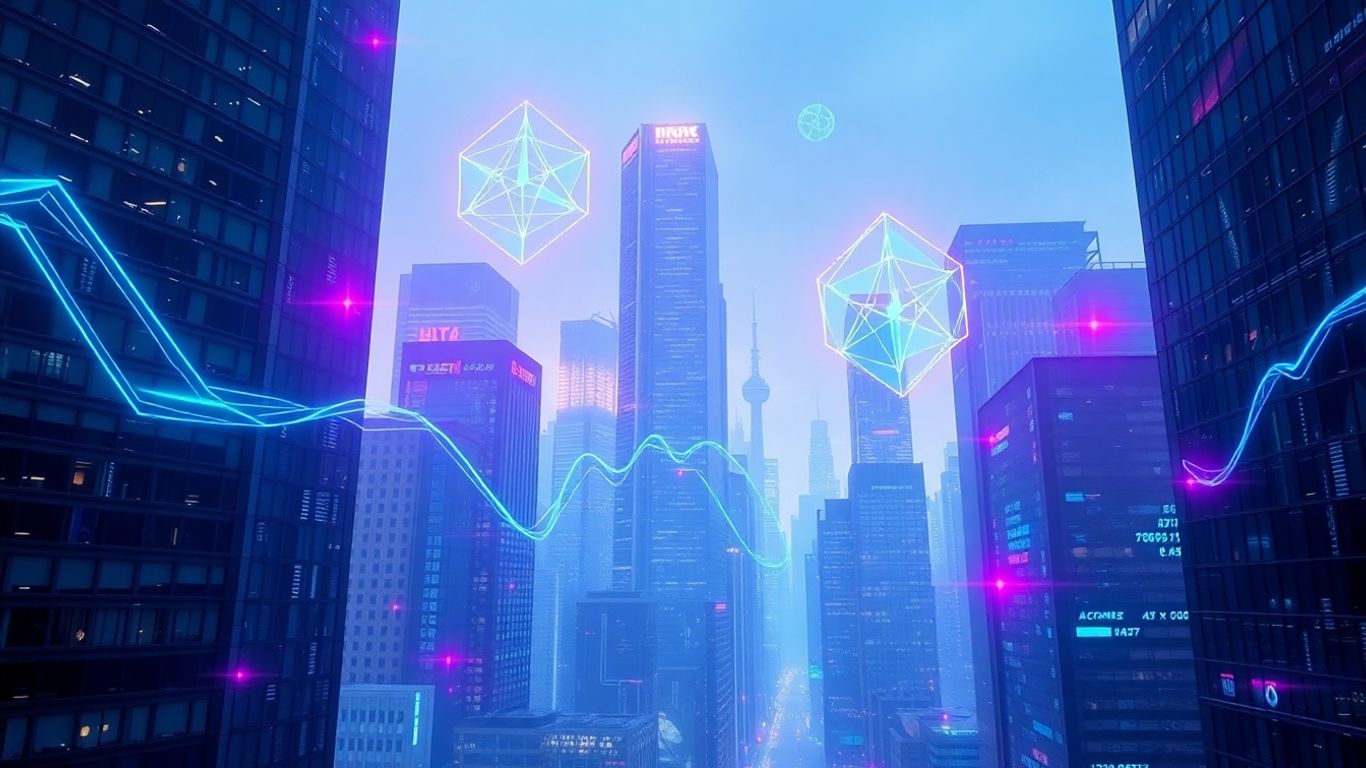 Futuristic cityscape with digital streams and abstract financial shapes.
