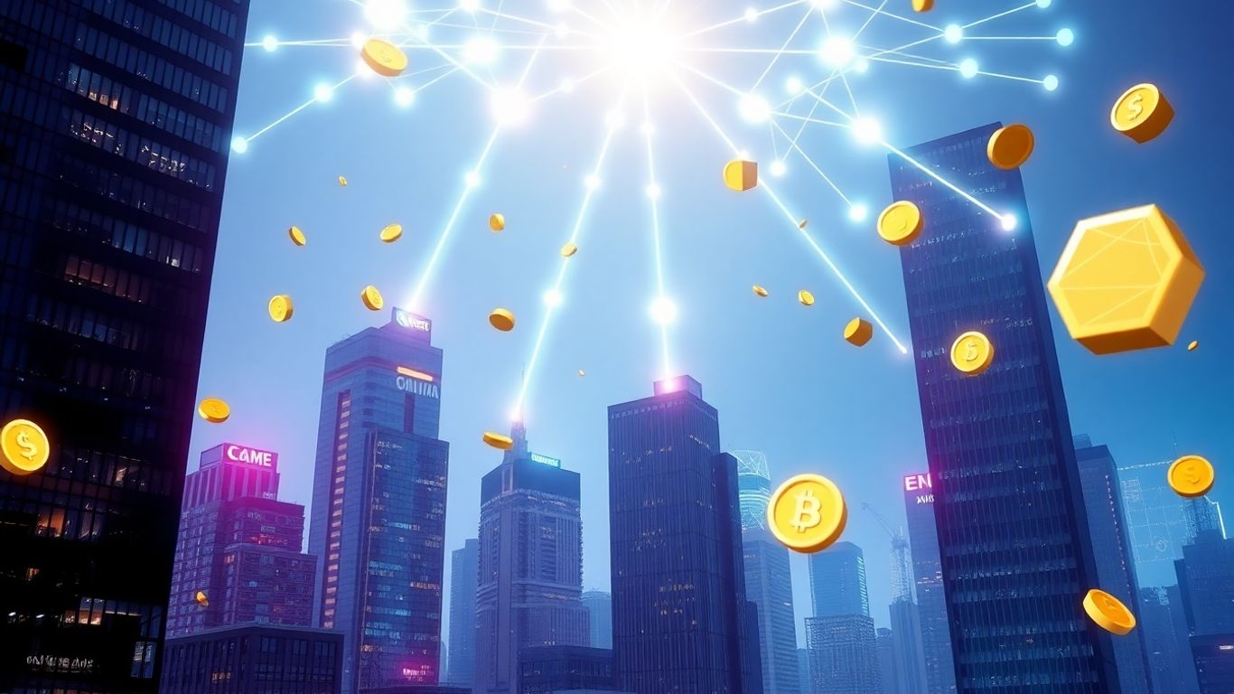 Cityscape with digital streams and floating coins.