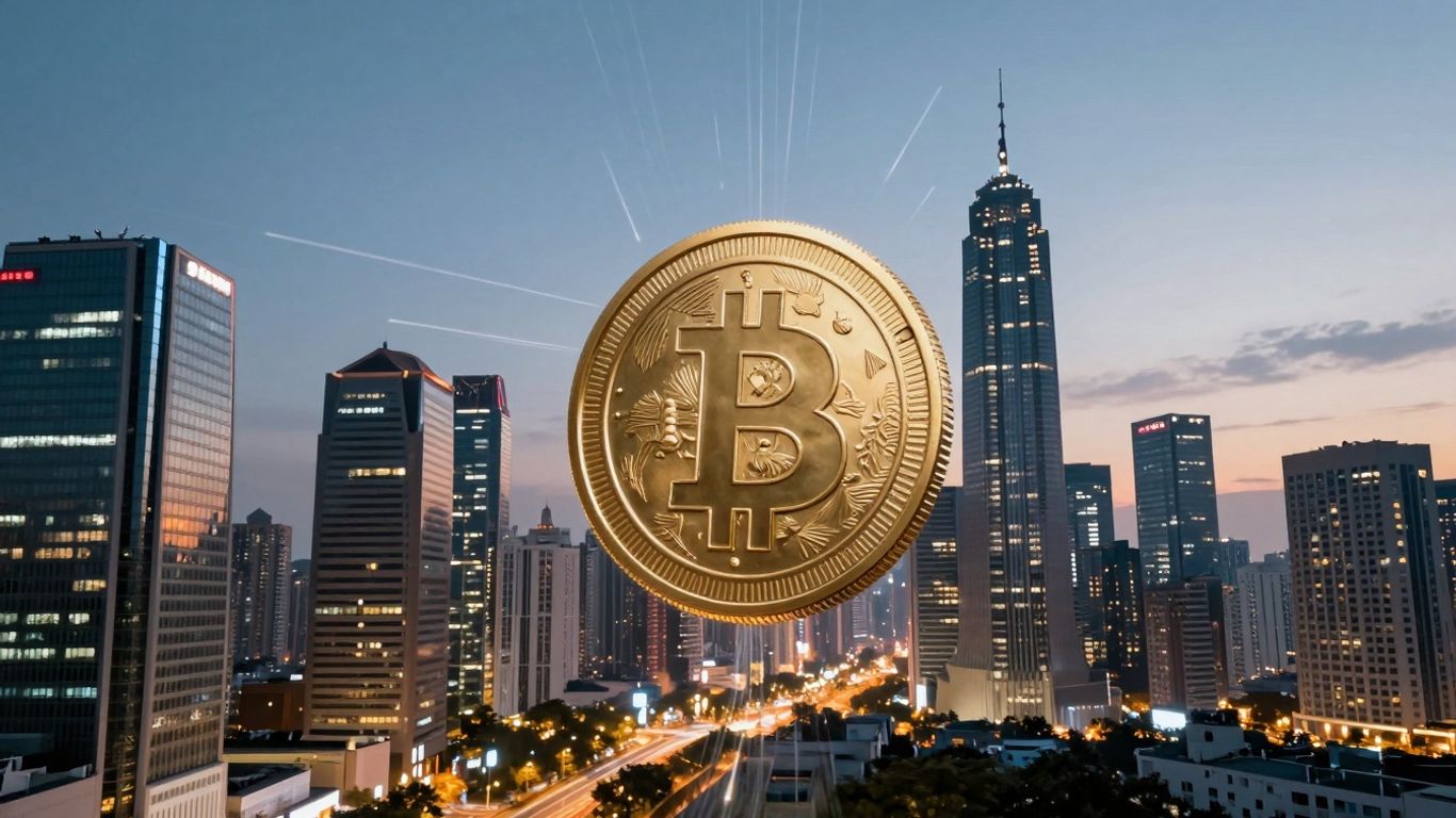 Hedge funds and tokenized real-world assets in a digital cityscape.