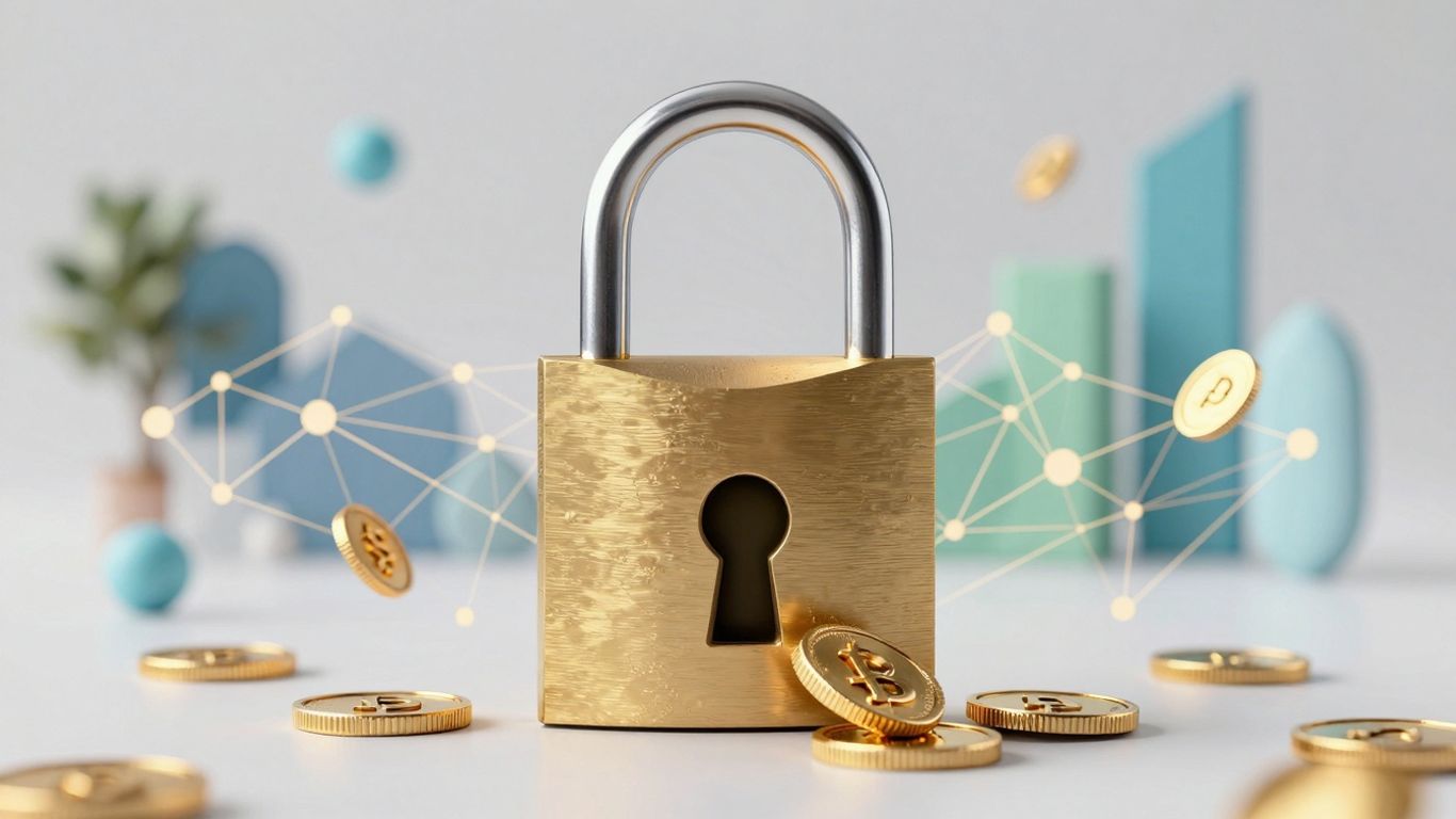 Blockchain padlock with golden coins and secure vault.