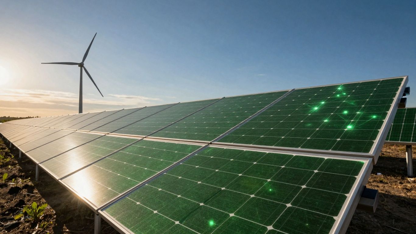 Blockchain and renewable energy: solar panels and wind turbines.