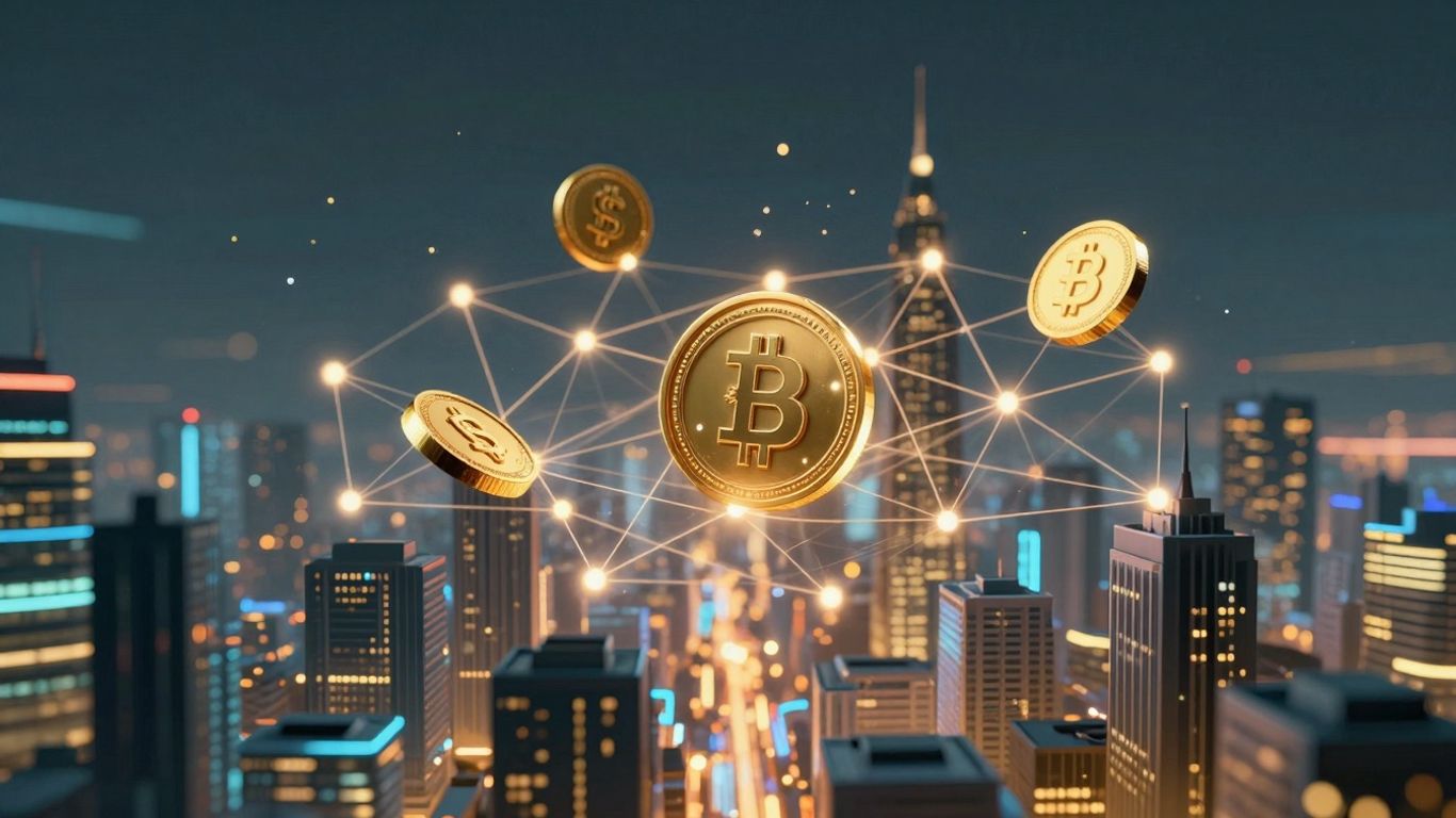 Futuristic cityscape with digital streams and blockchain network.