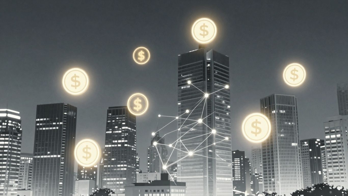 Digital tokens above cityscape, tokenized real estate concept.