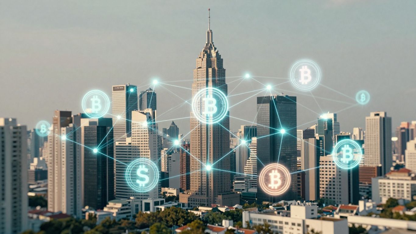 Digital tokens connecting buildings in a cityscape.