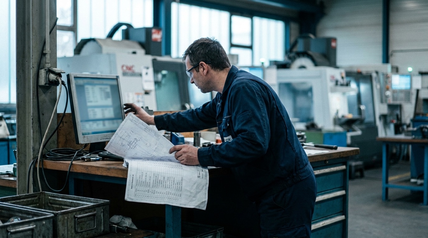Mitarbeiter vergleicht technische Zeichnung und Stückliste am Bildschirm in Produktionsnähe