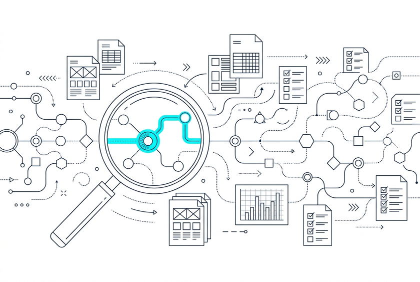 Illustration der FlowCore-Phase Analyse: Geschäftsprozesse werden erfasst und bewertet