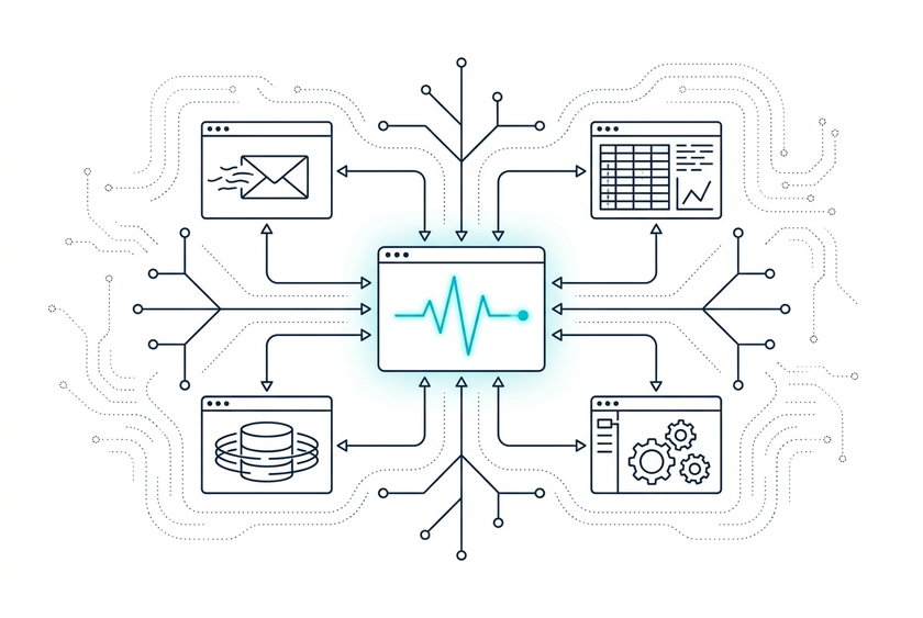 Illustration der FlowCore-Phase Integration: Anbindung an ERP, E-Mail und Bestandssysteme im laufenden Betrieb