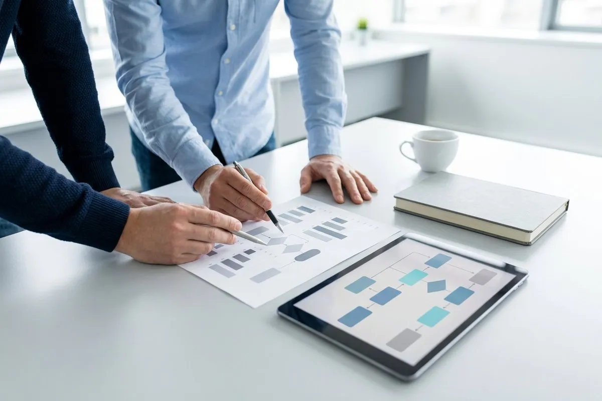 Beratungssituation: zwei Personen besprechen ein Prozessdiagramm auf Papier und Tablet
