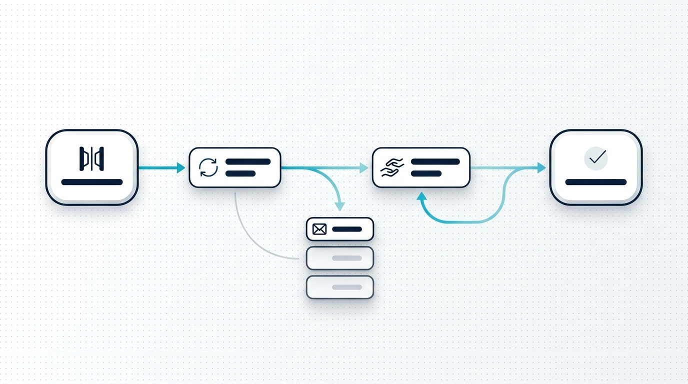 Stabilitätsmodell eines Workflows: Validierung, Wiederholung, Warteschlange für Fehlerfälle, manuelle Prüfung, Wiederanlauf und erfolgreicher Abschluss.