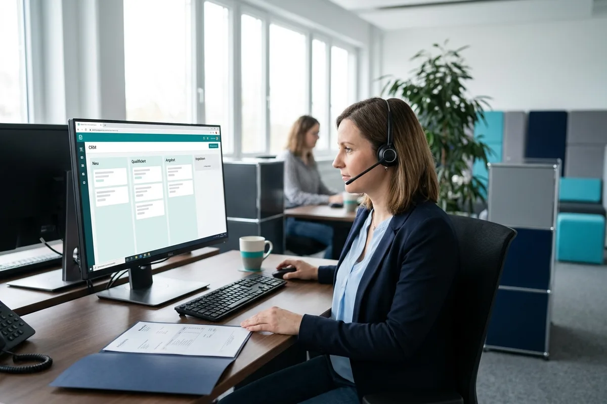 Vertriebsinnendienst-Mitarbeiterin mit Headset am Bildschirm mit CRM-Ansicht, Angebotsmappe auf dem Schreibtisch