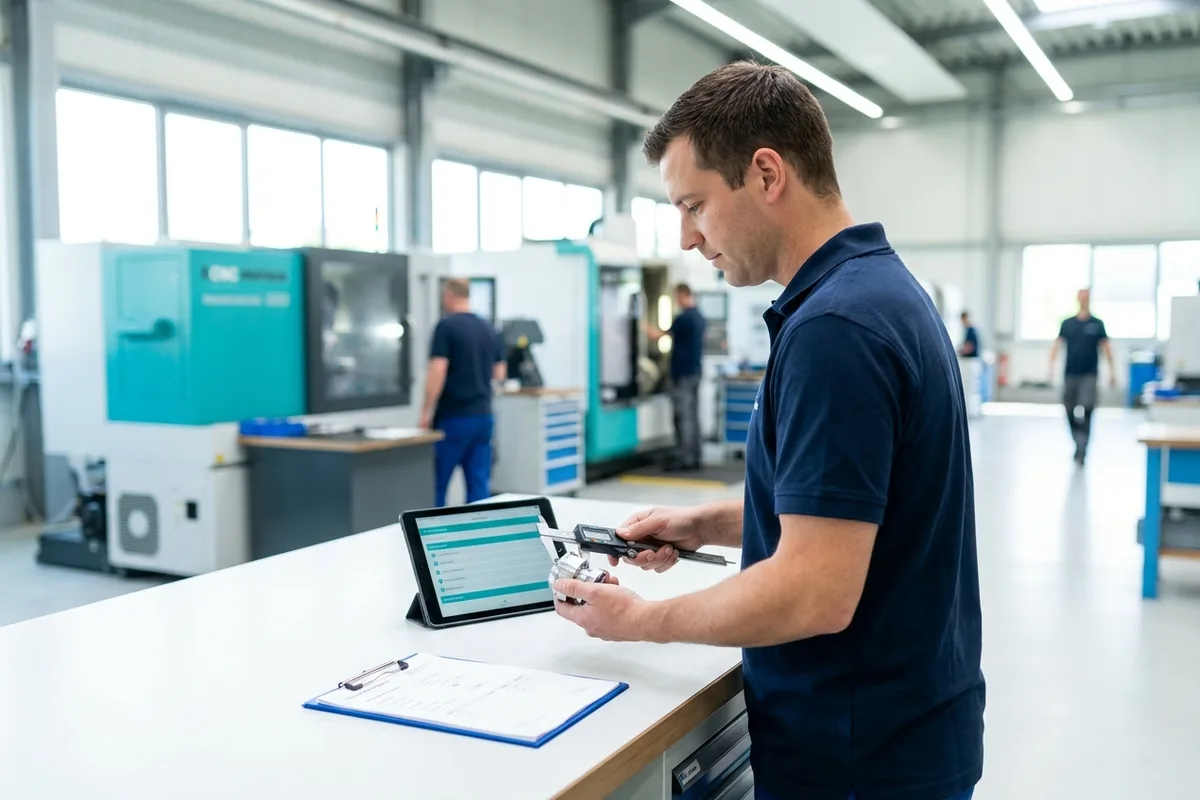 Qualitätsprüfer mit Messschieber, Bauteil und Tablet-Checkliste am Prüftisch, Fertigungshalle im Hintergrund