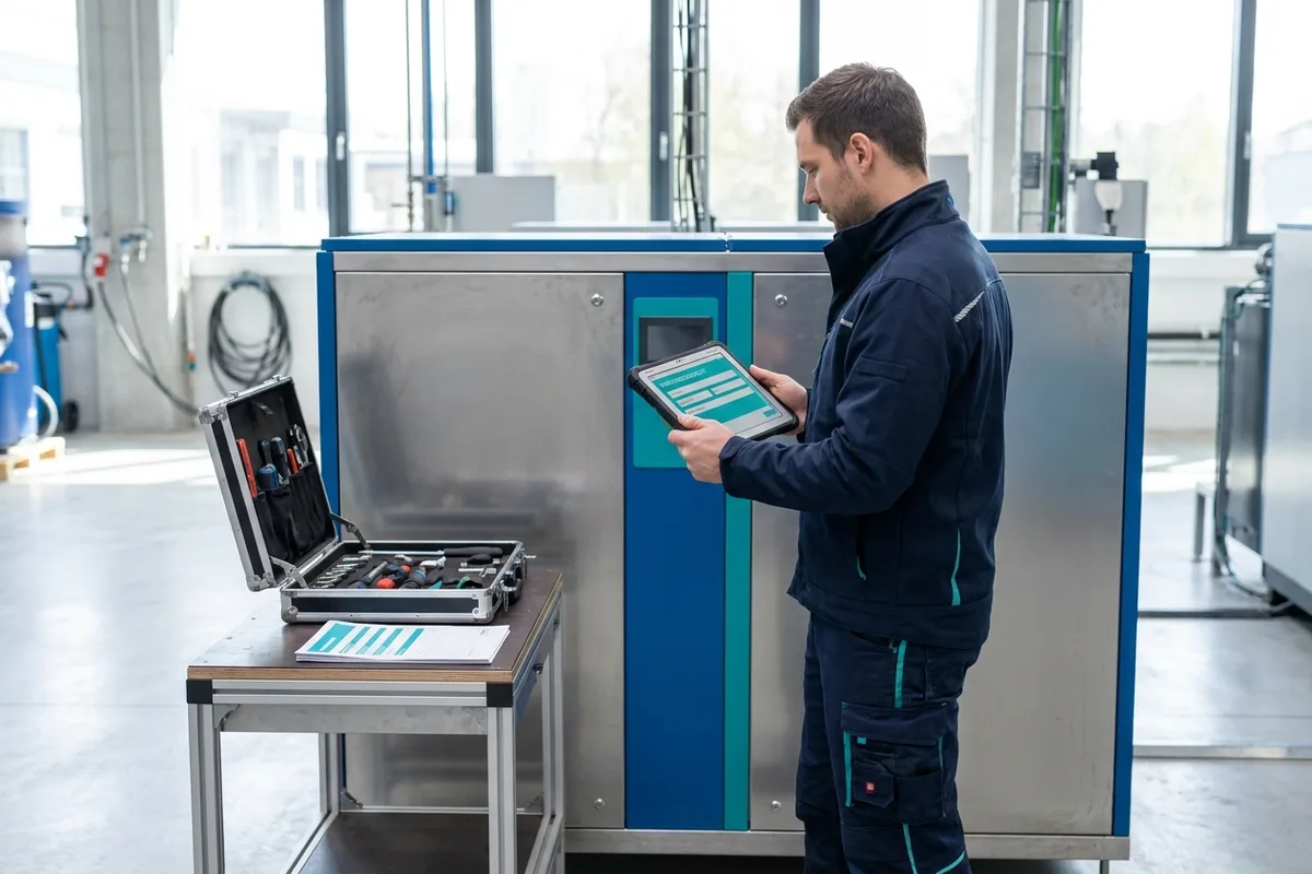 Servicetechniker dokumentiert einen Einsatz am Tablet, im Hintergrund eine Industrieanlage