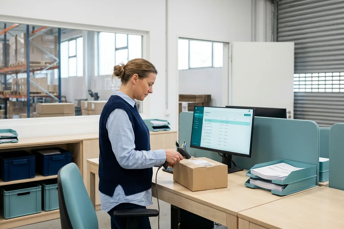 Versandmitarbeiterin scannt ein Paket am Packtisch, Sendungsliste am Bildschirm, Lager im Hintergrund