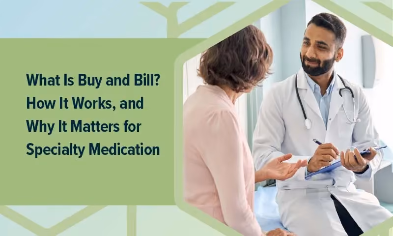 A doctor and a Patient sitting with each other with the words "What Is Buy and Bill? How It Works, and Why It Matters for Specialty Medication Reimbursement" next to them