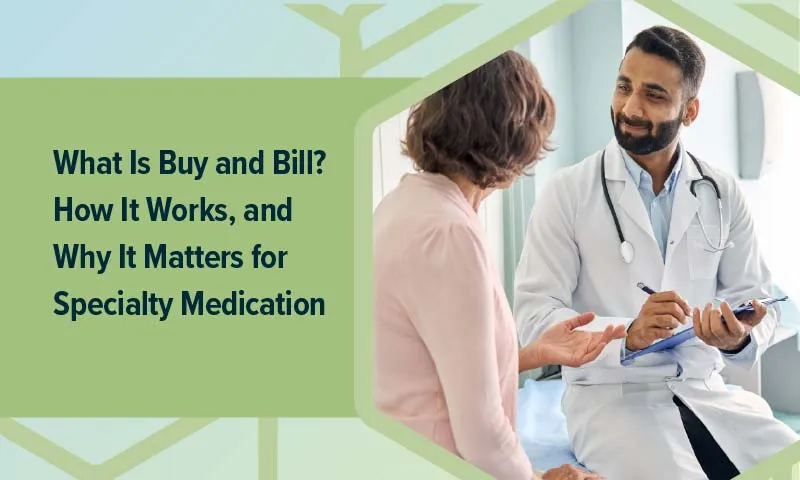 A doctor and a Patient sitting with each other with the words "What Is Buy and Bill? How It Works, and Why It Matters for Specialty Medication Reimbursement" next to them
