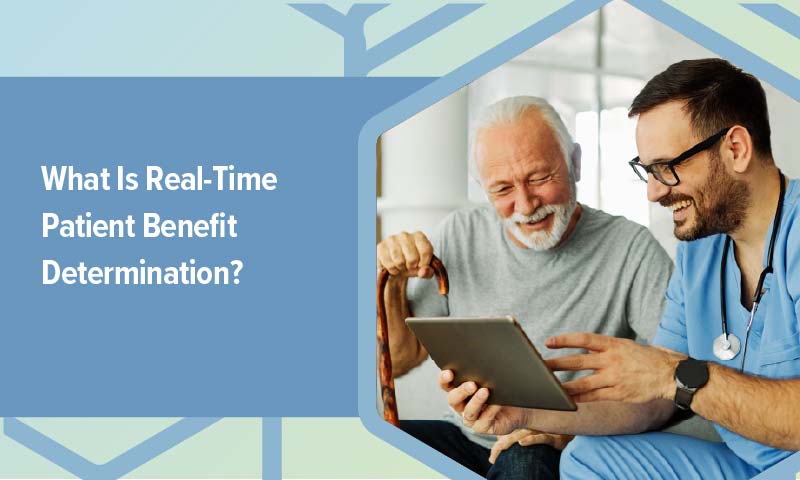doctor and patient looking at tablet with text "what is real-time patient benefit determination"