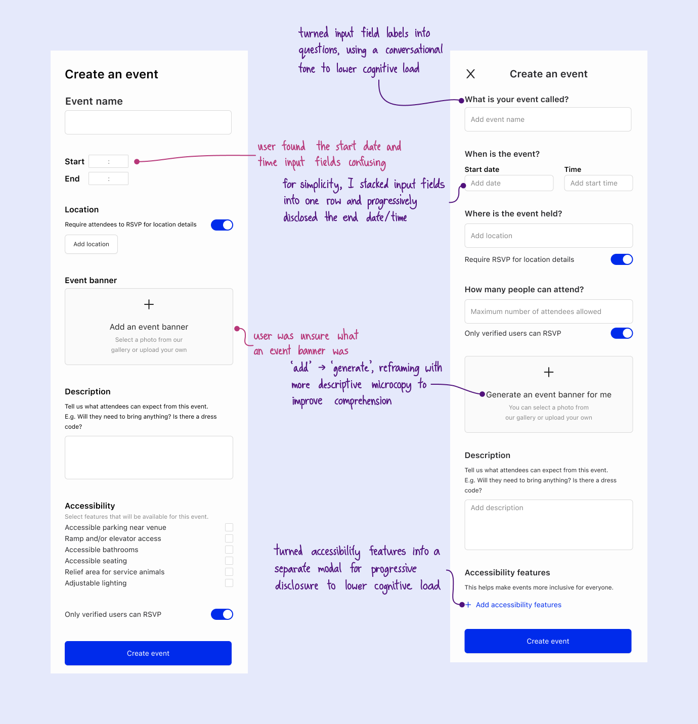 Initial wireframe of Create an Event screen with confusing input fields, and iterated version with conversational prompts and a collapsed accessibility modal.