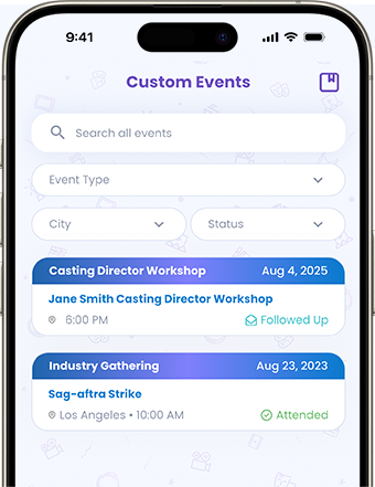 Track Your Talent custom events home page on iPhone