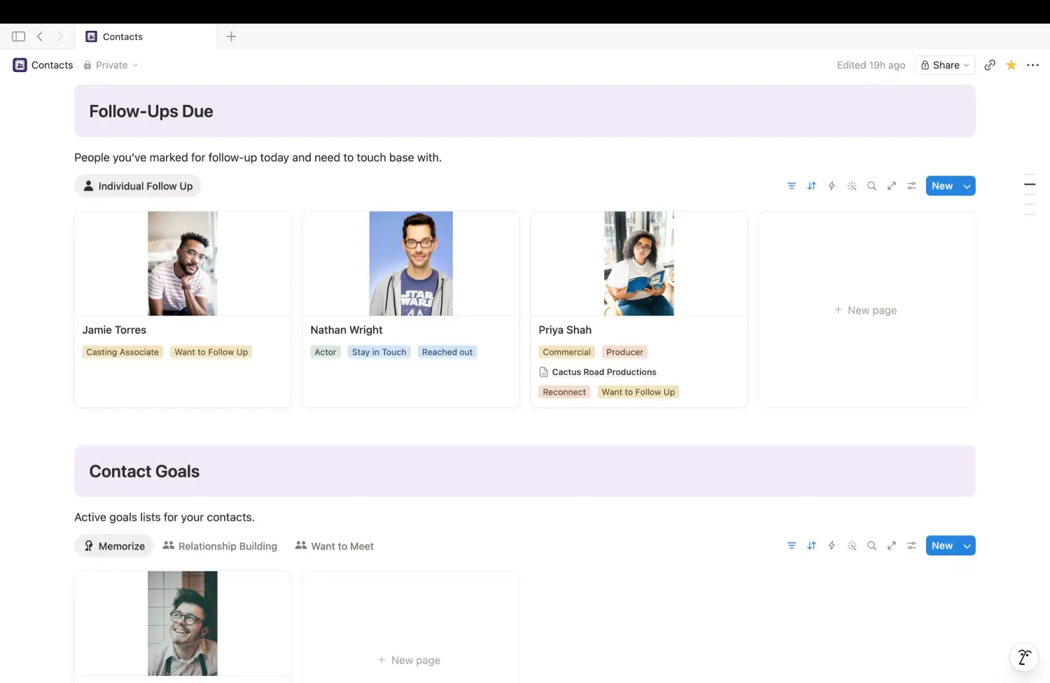 Track Your Talent industry contacts home page on iPhone