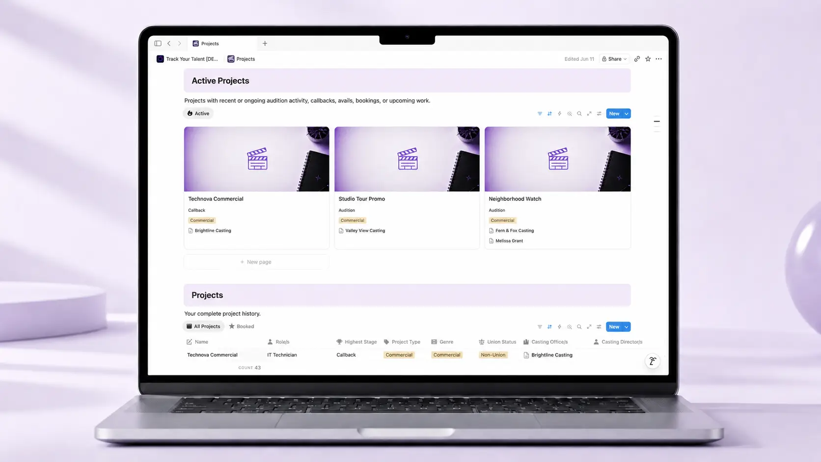 Track Your Talent audition tracking home page on iPhone