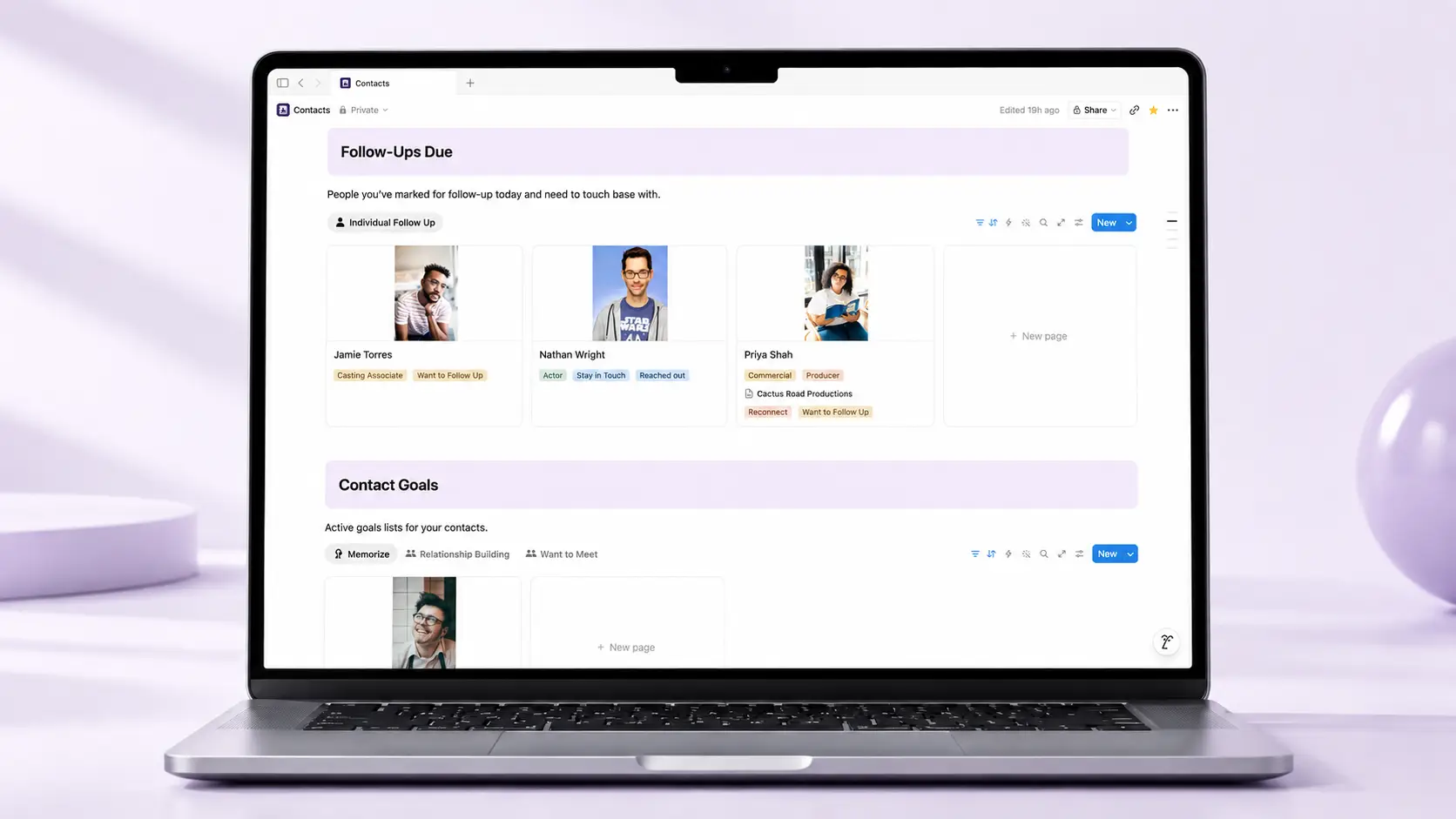 Track Your Talent industry contacts home page on iPhone