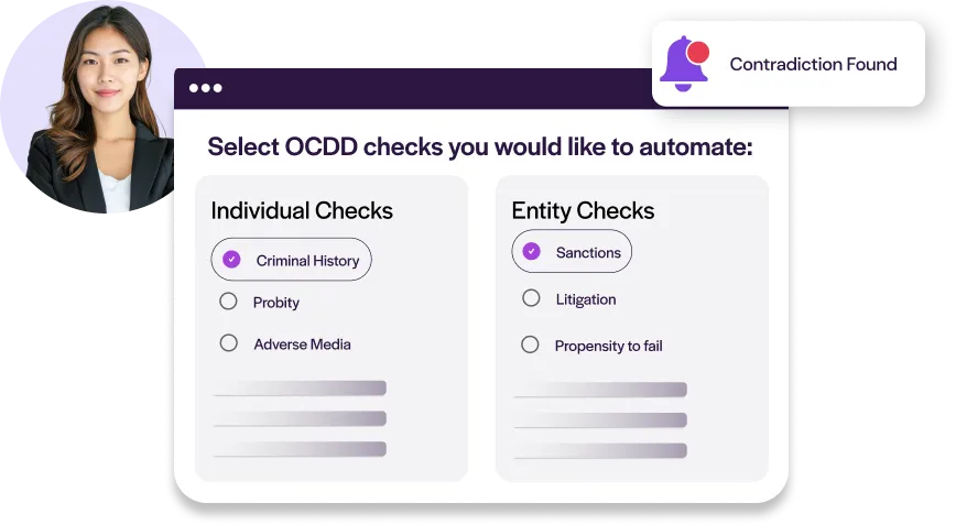 Automated OCDD checks for individuals and entities, including criminal history and sanctions screening, with compliance alerts.