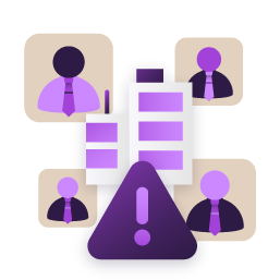 User profiles and documents with a warning icon indicating identity or verification risk.