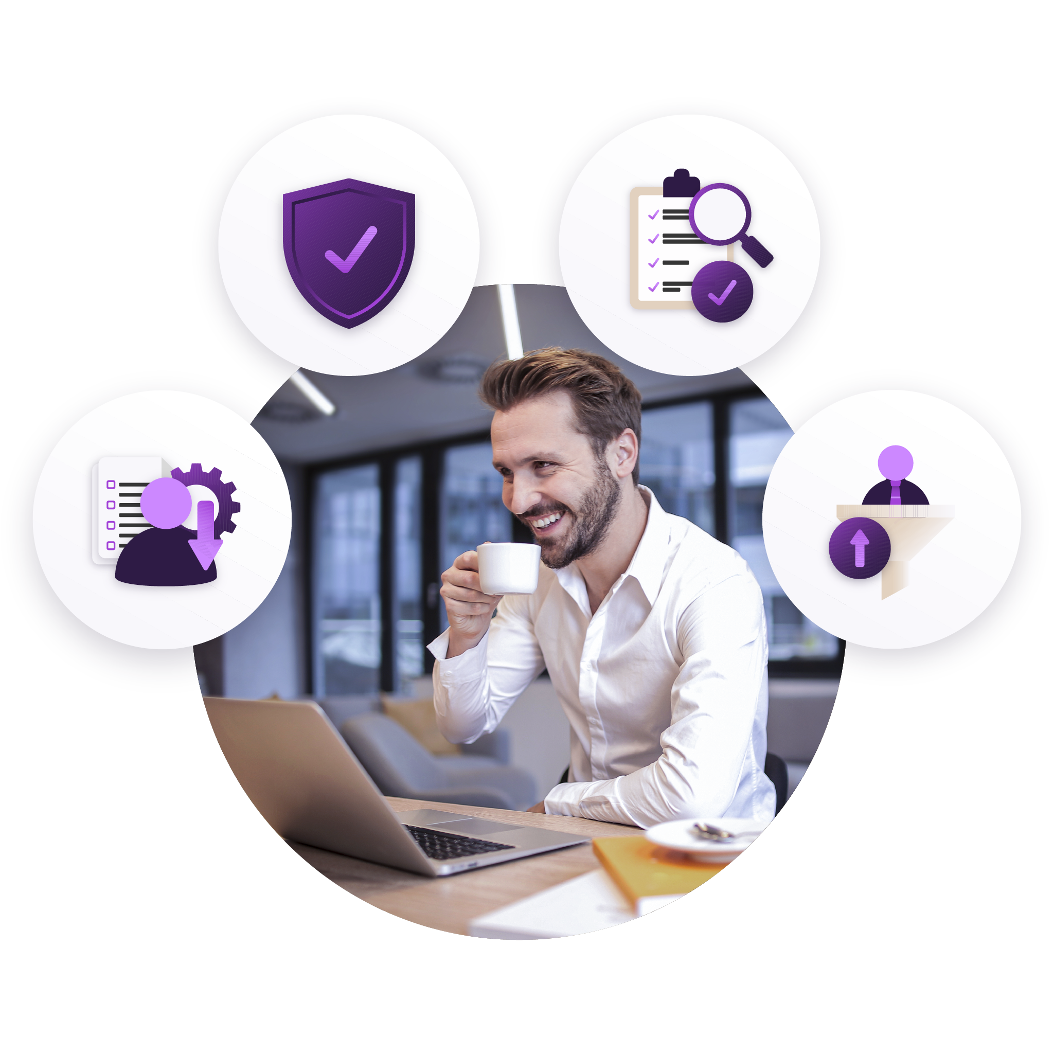 Man using a laptop with icons for compliance, checks, workflows, and approval around him. It represents AI supporting onboarding with controlled, traceable, and policy-driven decisioning.