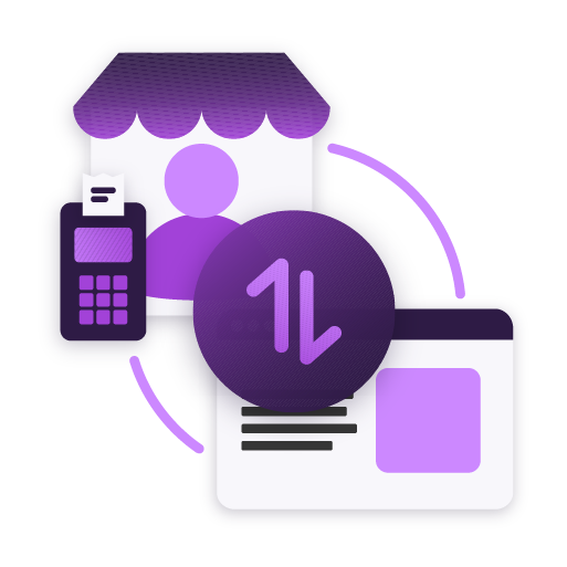 Illustration of a small storefront with a person icon, a payment terminal, a card, and a circular icon with up and down arrows symbolizing merchant activity matching.