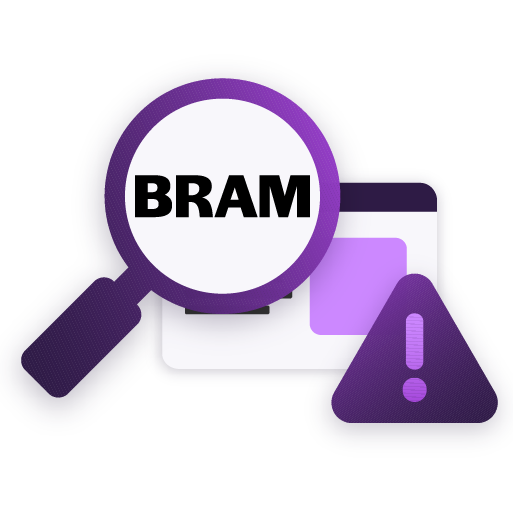 Illustration of a web page with a magnifying glass highlighting “BRAM” and a warning icon. It represents identifying merchant risk patterns under Mastercard BRAM.