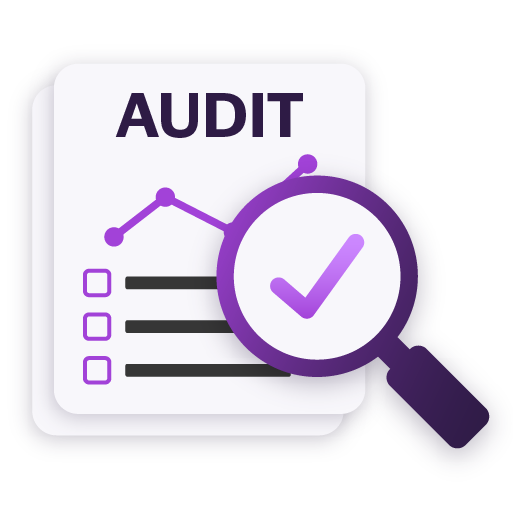 Illustration of an audit checklist with a magnifying glass and checkmark. It represents traceable findings and records to support reviews, decisions, and audit readiness.