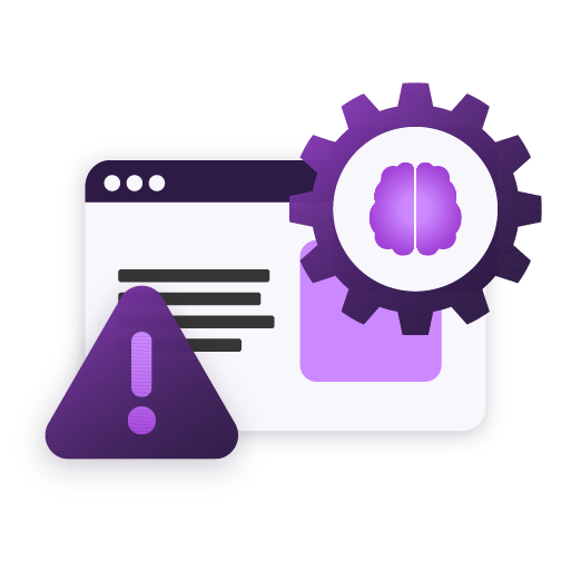 Illustration of a web page with a warning icon and a gear symbol. It represents assessing website risk based on context such as jurisdiction, legality, and merchant type.