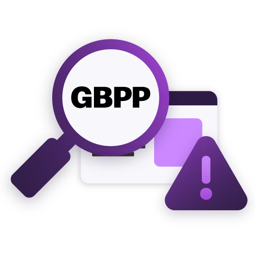 Illustration of a web page with a magnifying glass highlighting “GBPP” and a warning icon. It represents identifying website risk issues under Visa GBPP.