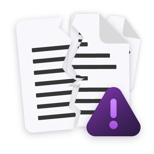 Illustration of broken documents with a warning icon, representing errors and inconsistencies from manual data handling in onboarding.