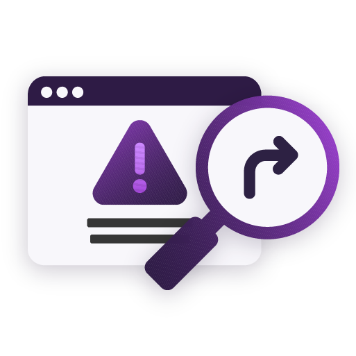 Illustration of a web page with a warning icon and magnifying glass highlighting a redirect arrow. It represents detecting hidden redirects to different web destinations.