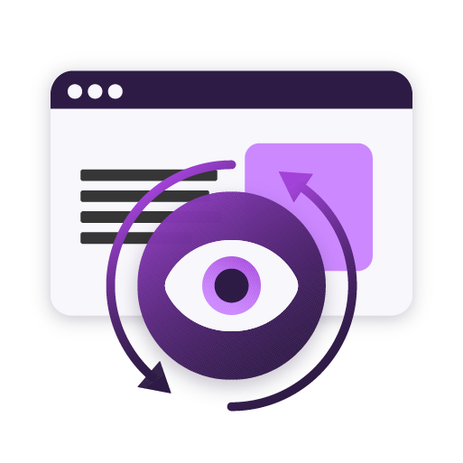 Illustration of a web page with an eye icon and circular arrows. It represents ongoing monitoring of merchant websites to detect changes that may indicate compliance or brand risk.