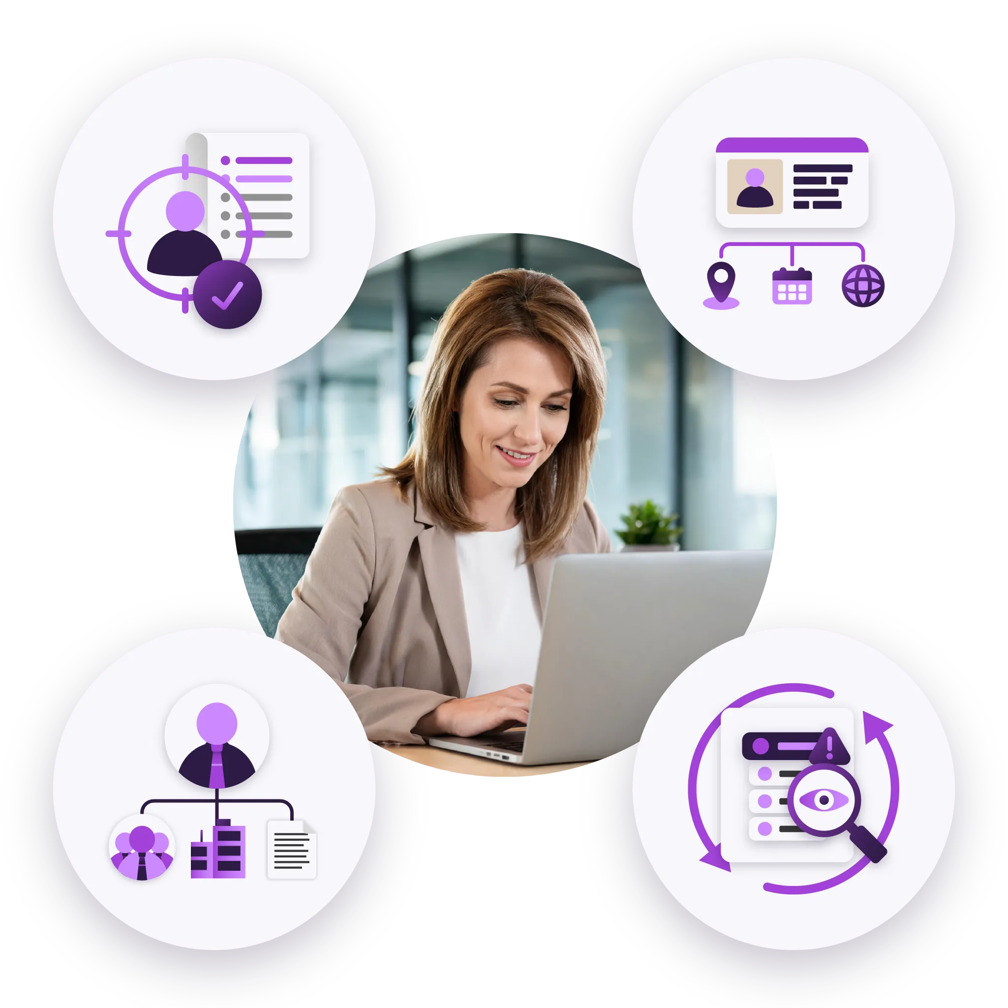Man with glasses working on a laptop, surrounded by icons representing broken security shield, split credit card with coins, and user login with magnifying glass over a mask.