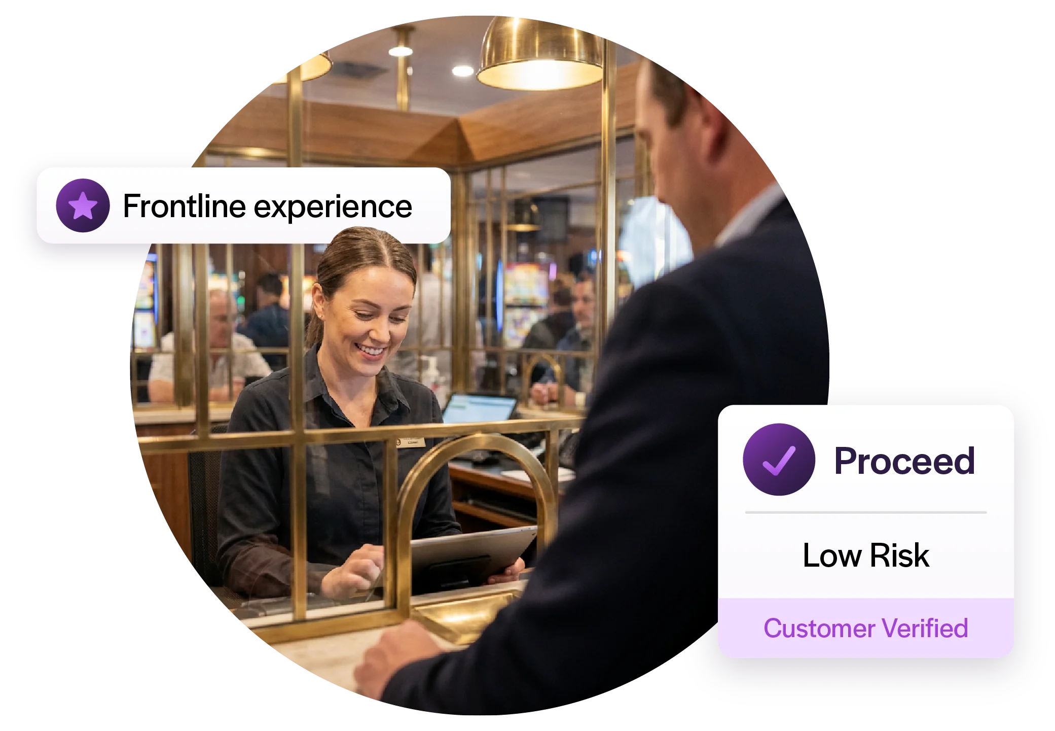 Frontline staff receiving a clear member verification outcome while automated compliance checks and risk rules run in real time.