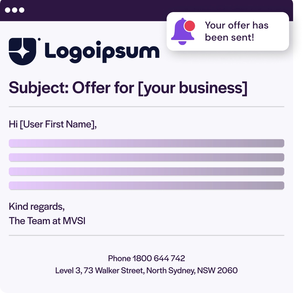 Offer Generator showing a customizable branded offer email with white label design and send capabilities