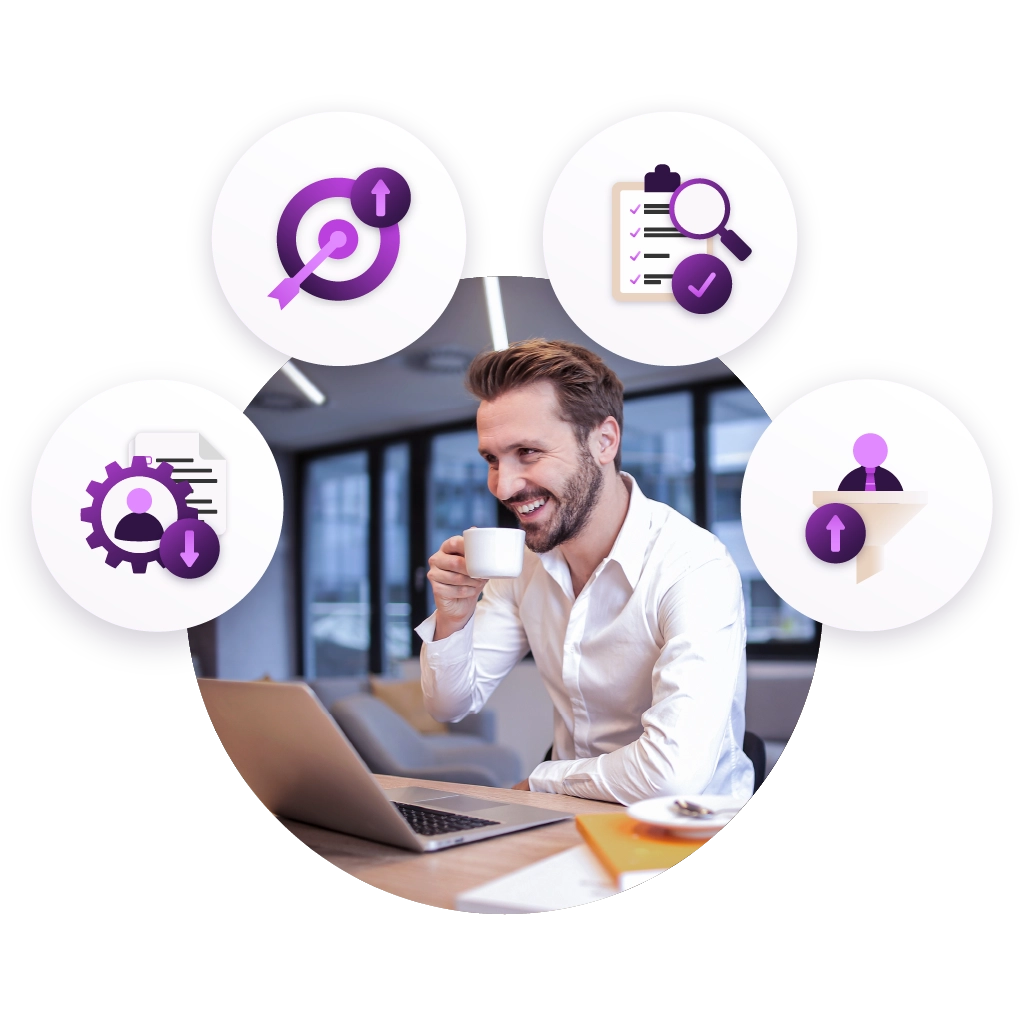 Professional using a laptop with icons representing business growth, compliance checks, workflow automation and partner networks.