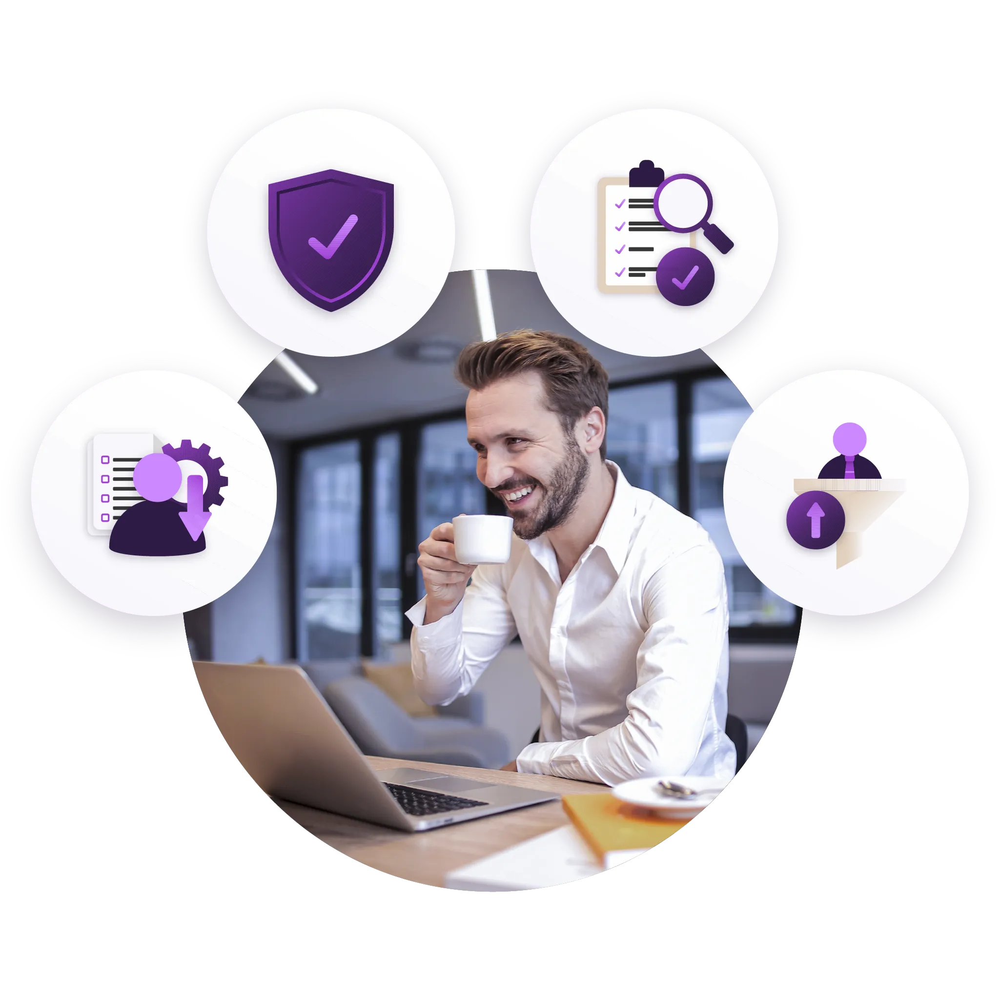 Professional using a laptop with icons representing AI governance, compliance checks, risk controls and audit-ready decisions.