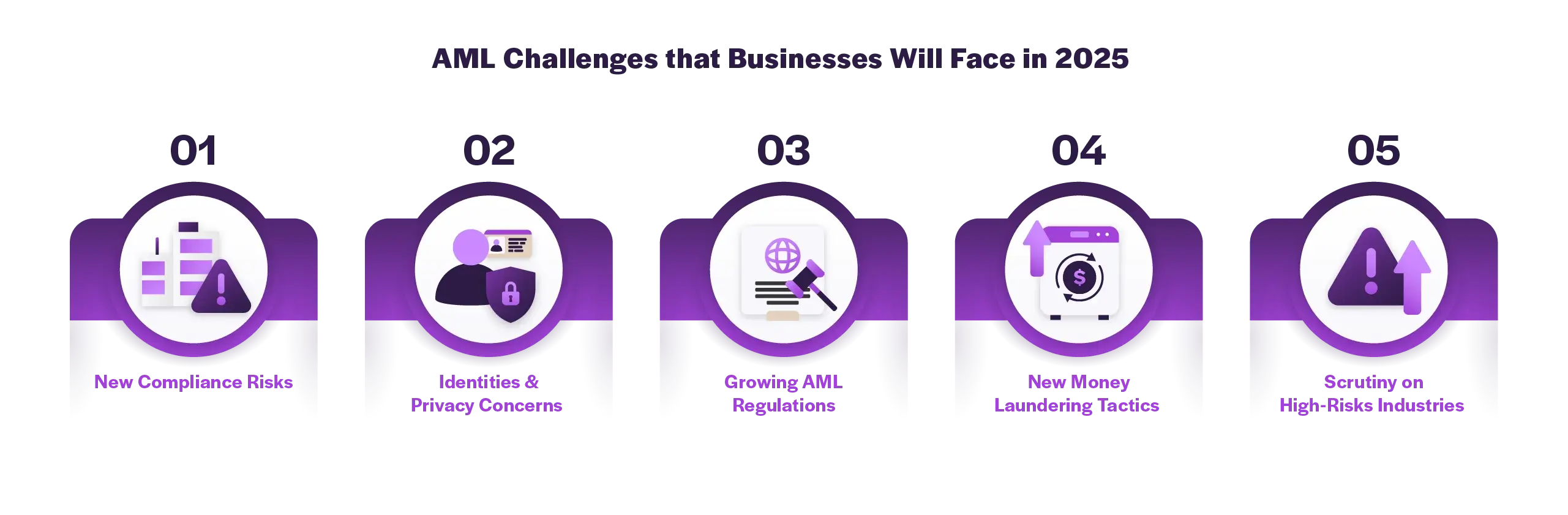 An infographic highlights key AML challenges businesses will face in 2025, including compliance risks, privacy concerns, regulatory growth, evolving laundering tactics, and high-risk industries.