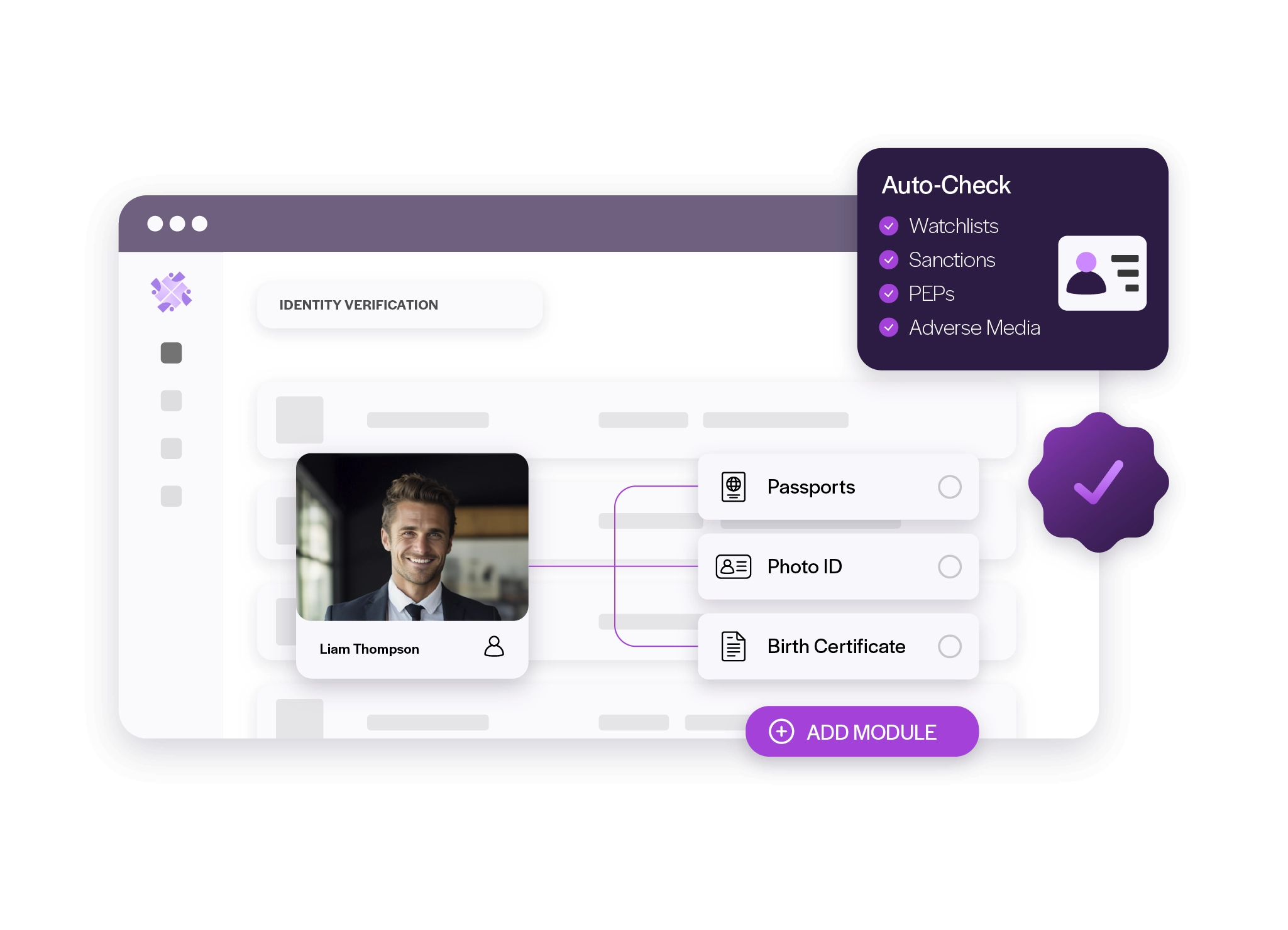 Identity verification interface showing a user profile with document options (passport, photo ID, birth certificate) and automated AML checks for watchlists, sanctions, PEPs, and adverse media, with modular verification controls.
