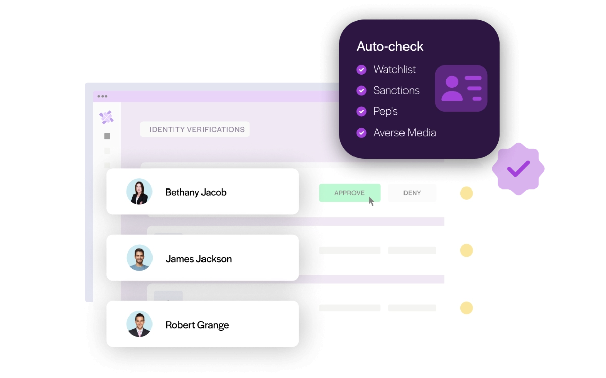 Merchant onboarding platform with integrated identity verification, AML screening, sanctions, PEP, and adverse media checks.