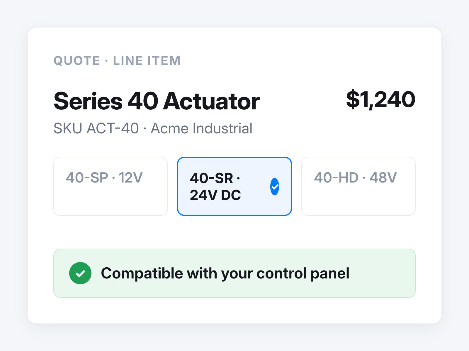 Quote line item with the right variant selected and a compatibility check
