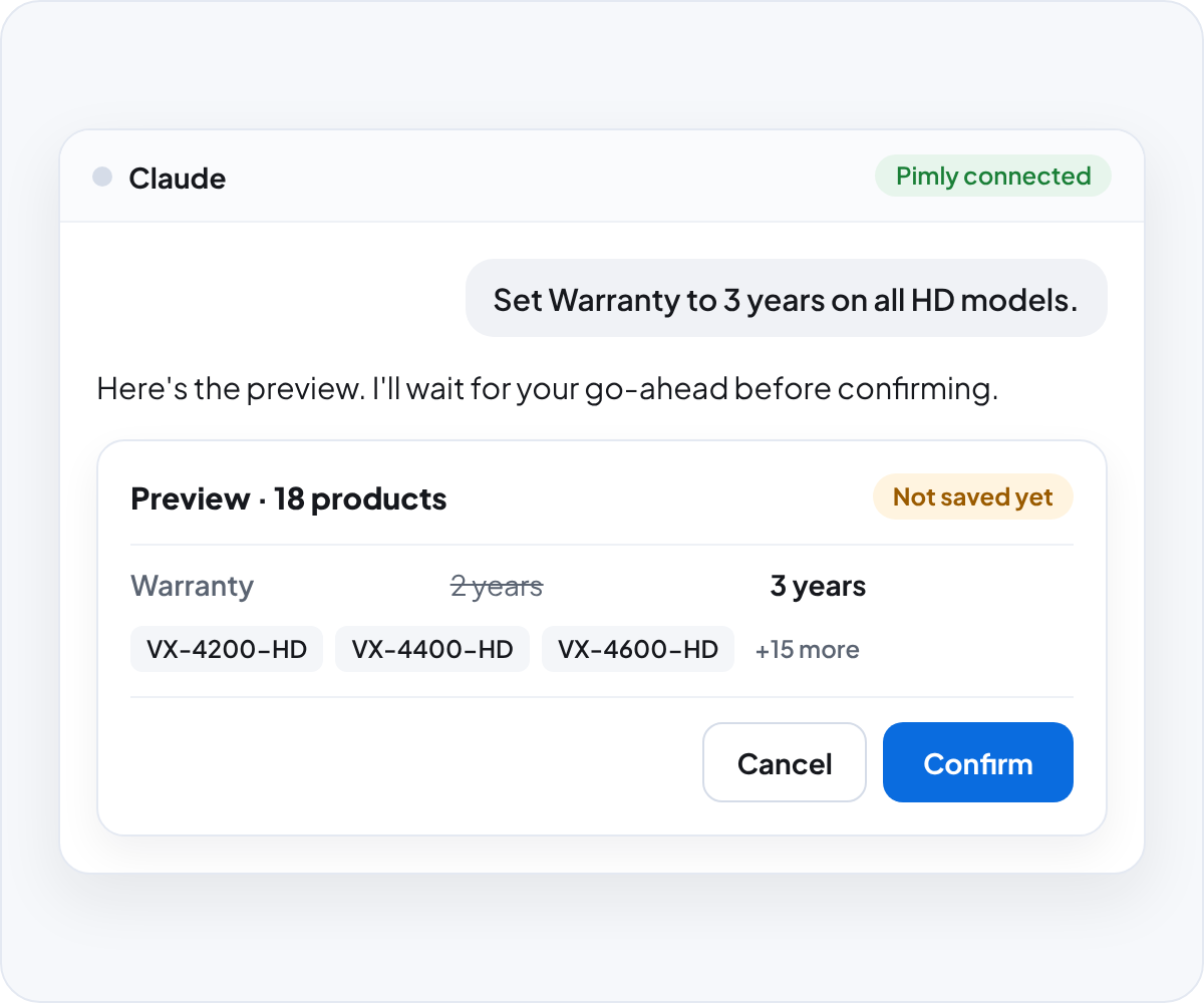 Claude shows a preview of a warranty update to 18 products and waits for confirmation before saving