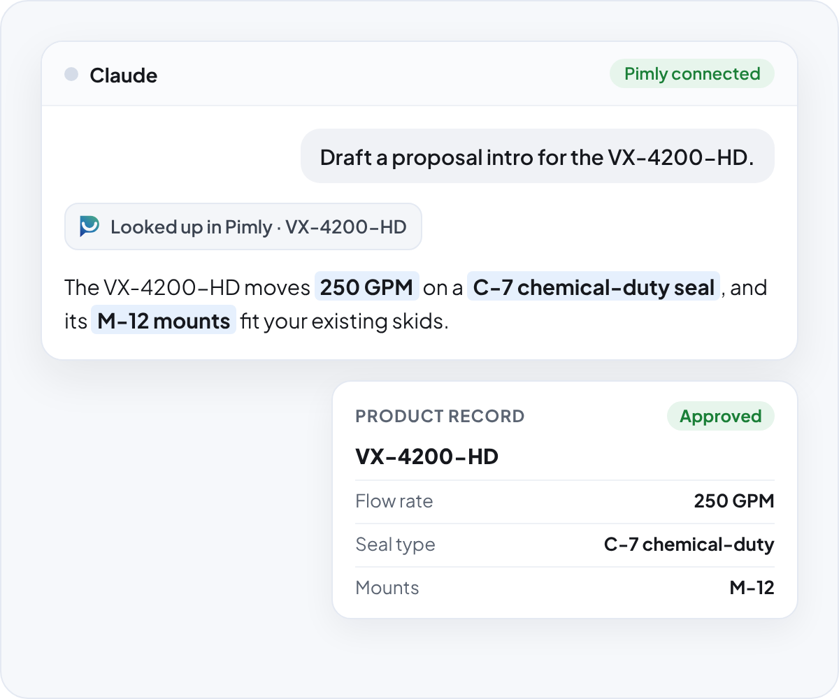 Claude drafts a proposal using exact VX-4200-HD specs looked up from the Pimly product record