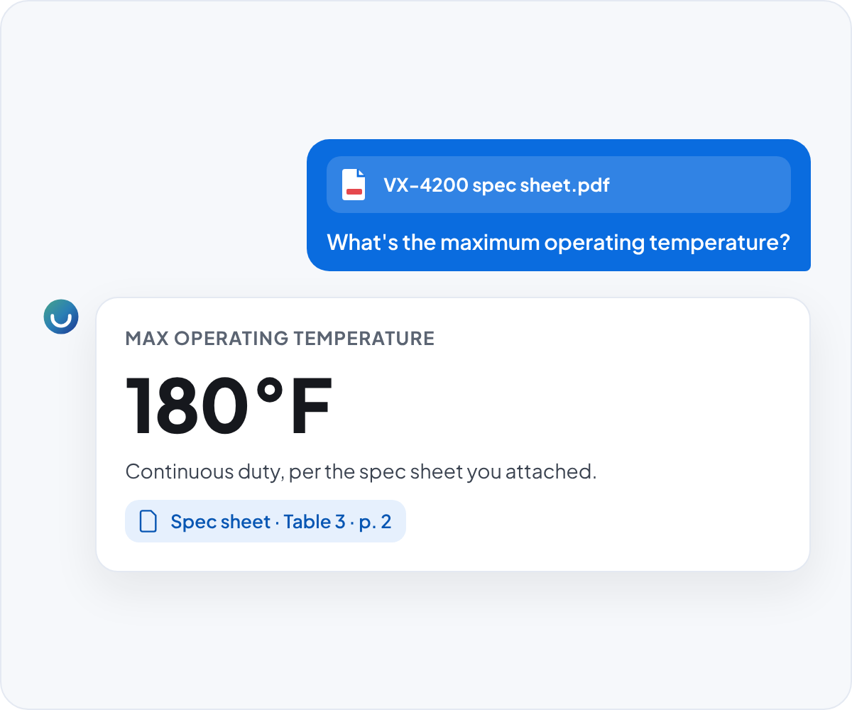 Vera answers a maximum operating temperature question from an attached spec sheet and cites the table and page