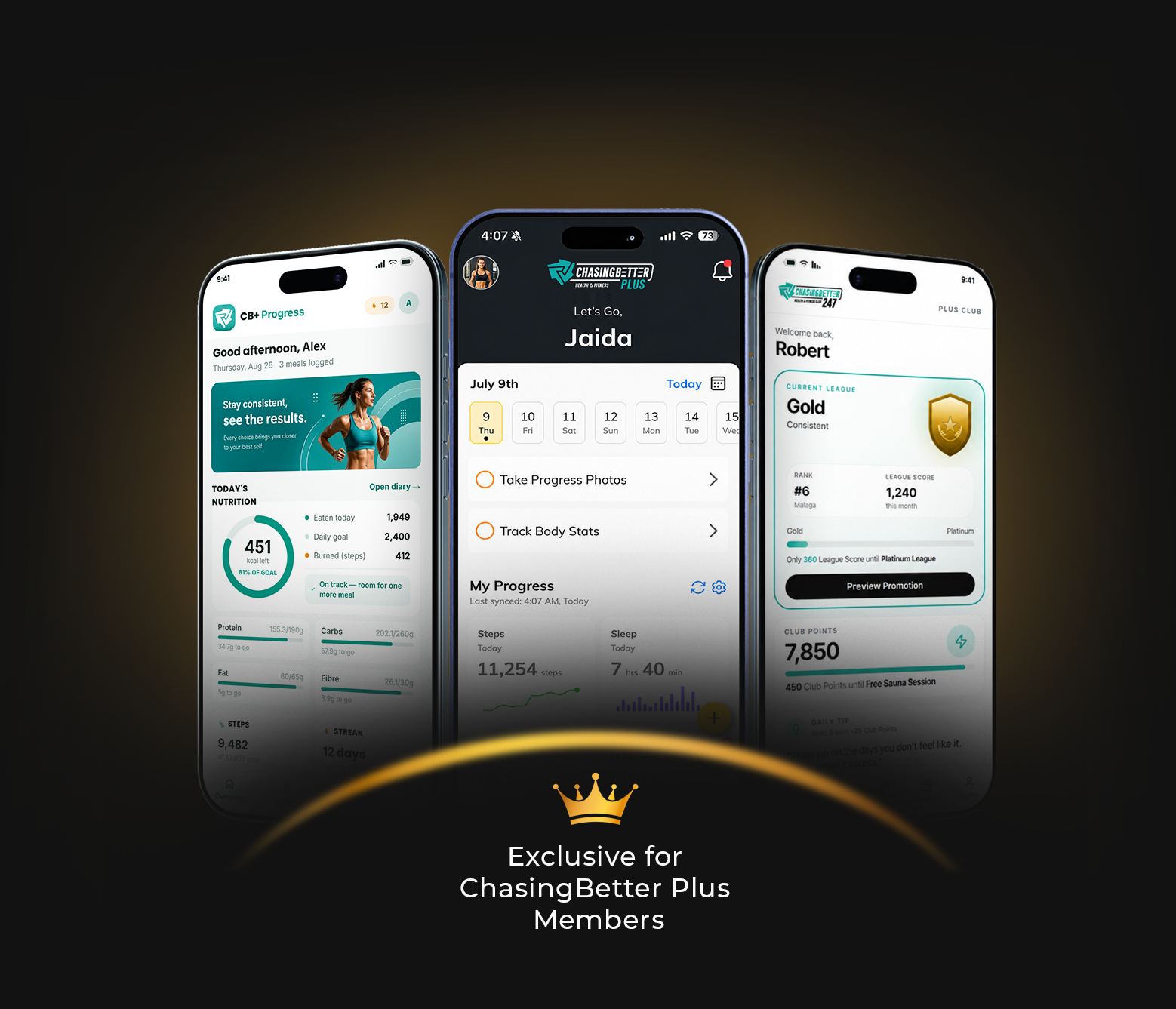 ChasingBetter Plus app screens showing nutrition tracking, the home dashboard and club points, exclusive for members
