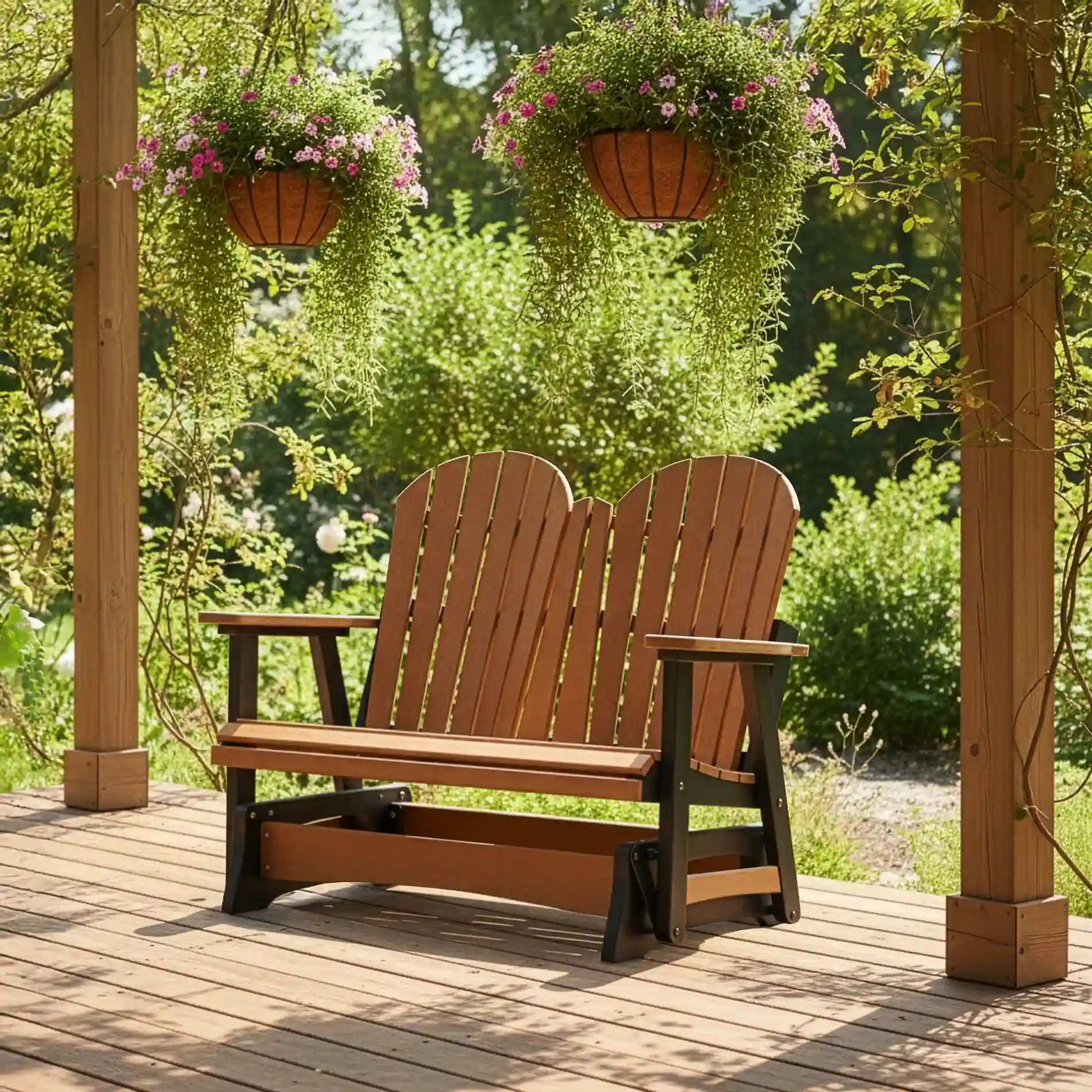 Wooden double Adirondack glider bench on a porch with hanging baskets of green and pink flowers.